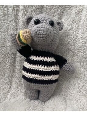 Handmade Crochet Hippo Plush Stuffed Animal w/ Black & White Striped Sweater